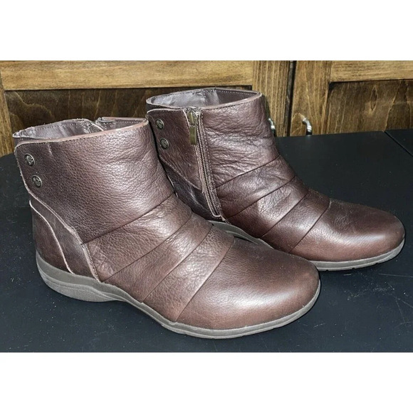 Skechers Natty Brown Leather Ruched Front Pleat Platform Ankle Boots Size 9 - Picture 3 of 7